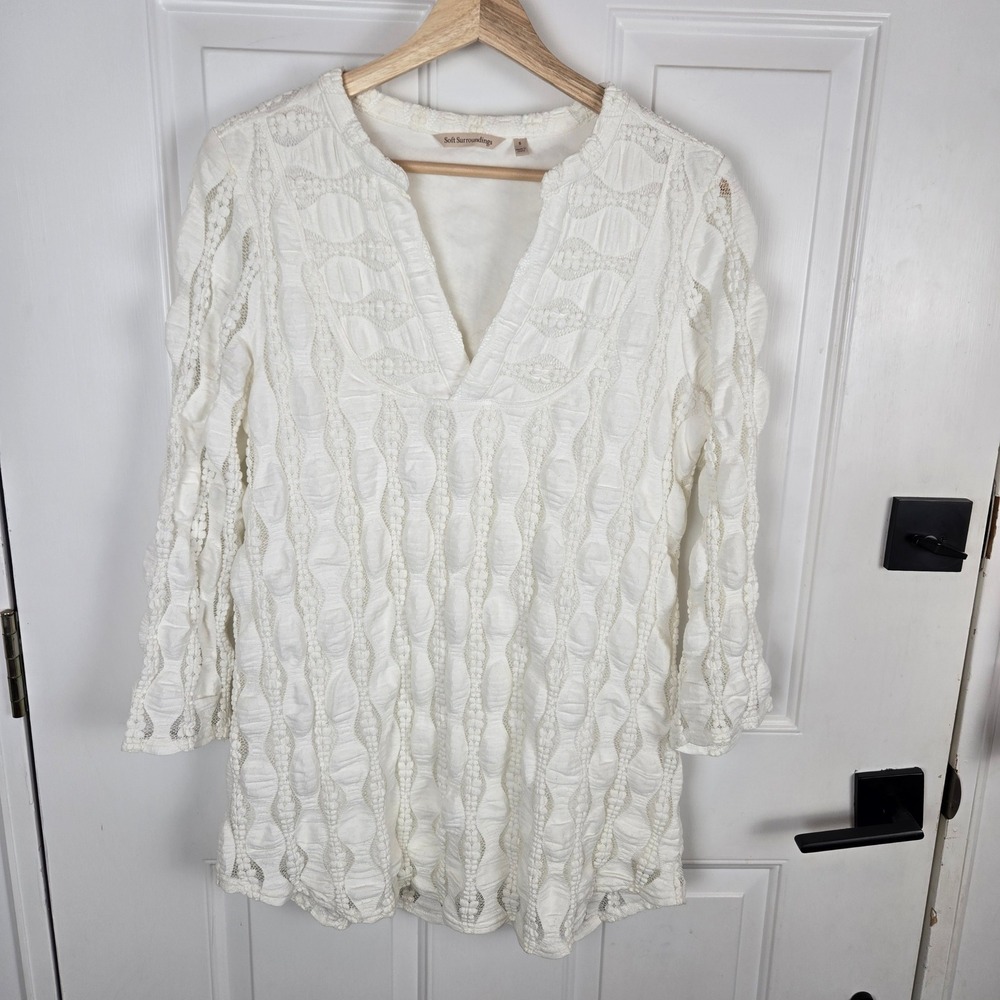 Soft Surroundings Priya Knit Lace Tunic Womens Small White V-Neck Lined Peasant